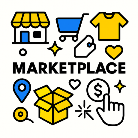 Colorful icons representing a vibrant marketplace with shopping cart, store, and products.