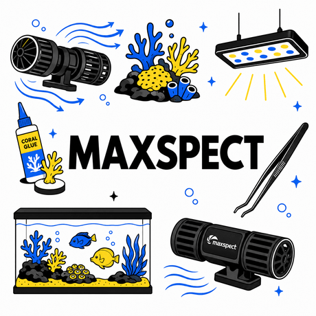 Maxspect aquarium products including pumps, coral glue, and aquarium tools for aquatic maintenance.
