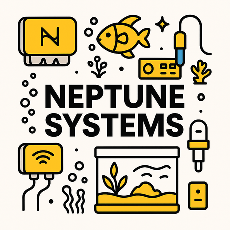 Illustration of Neptune Systems aquarium controllers with fish, probes, and tank, showcasing advanced aquarium management.