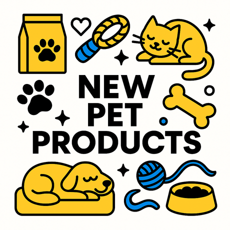 Colorful illustration of new pet products featuring a cat, dog, food, toys, and accessories.