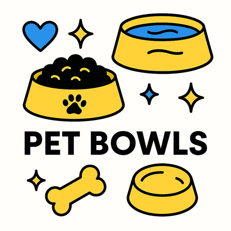 Colorful illustration of pet bowls with food and water, highlighting the collection of stylish pet dining solutions.