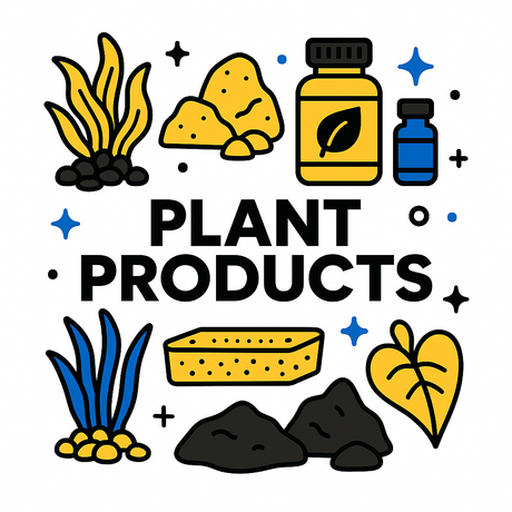 Illustration of various aquarium plant products including plants, soil, and supplements.