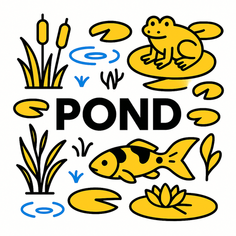 Colorful illustration of a pond with fish, lily pads, and a frog, emphasizing aquatic life and water garden themes.