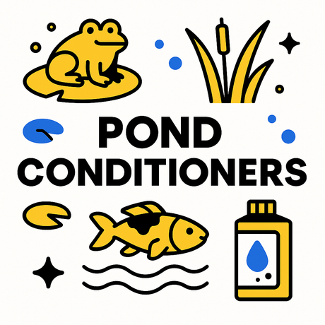 Colorful illustration of pond conditioners featuring frogs, fish, and aquatic plants.