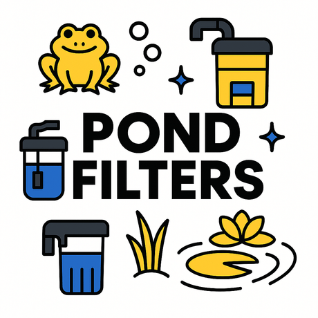 Colorful illustration featuring pond filters, a frog, lily pad, and water elements highlighting pond maintenance.
