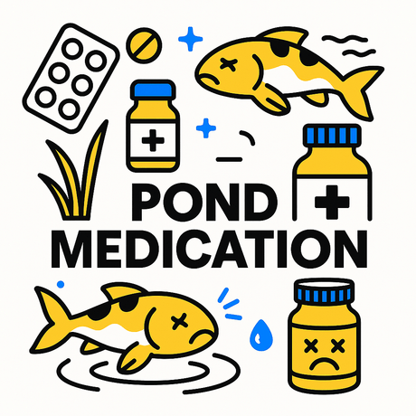 Illustration of pond medications, fish, and treatment options for healthy aquatic life.