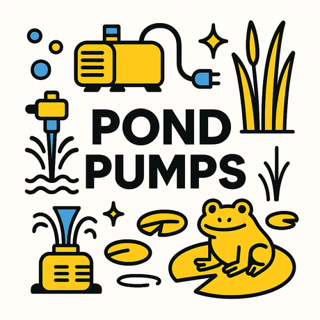 Colorful illustration of pond pumps with water features, lily pads, and a frog, ideal for an aquatic environment.