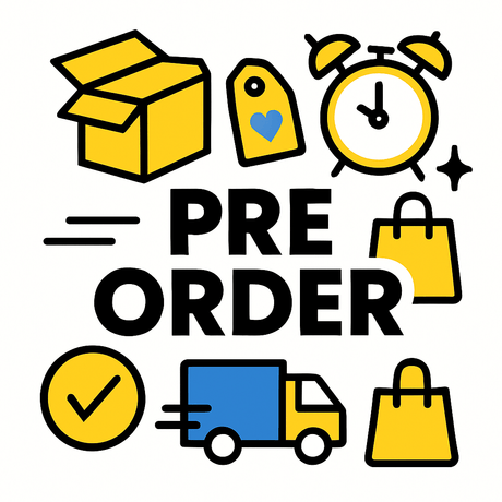 Graphic featuring pre-order essentials: box, clock, shopping bags, and delivery truck for exclusive products.