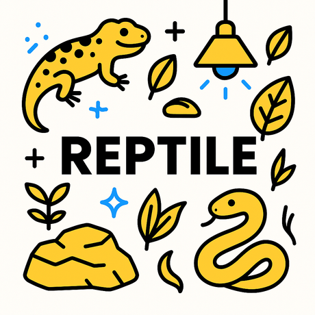 Illustration featuring a gecko, snake, heating lamp, and plants, representing various reptile products and habitat essentials.