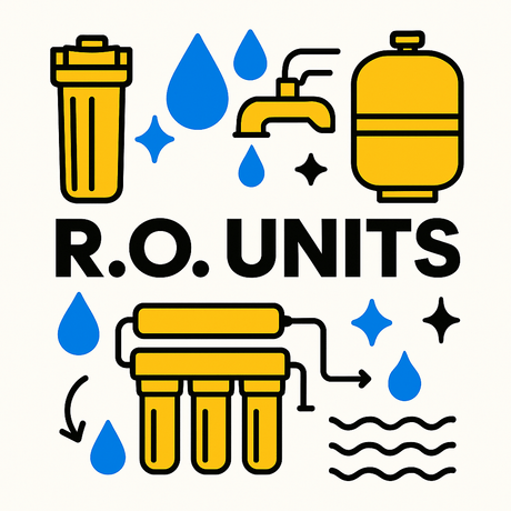 Illustration of R.O. units for aquariums, featuring filters, a faucet, and water droplets.