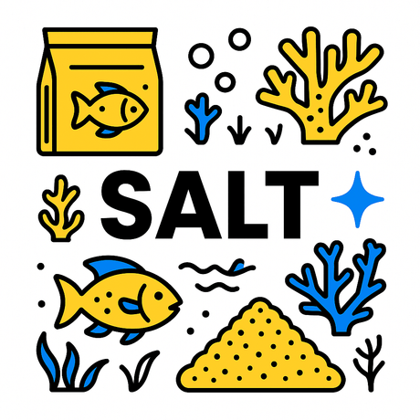 Illustration of aquarium salt with fish and corals, symbolizing premium marine and reef salts for healthy habitats.