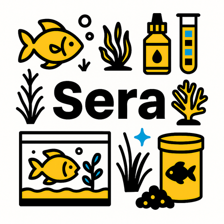 Sera logo with aquarium fish, plants, and water test kit icons representing aquatic care products.