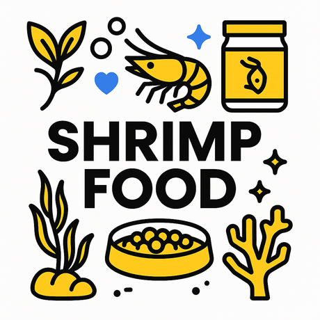 Colorful illustration of shrimp food with aquatic plants, a shrimp, and a food jar for vibrant aquarium shrimp.