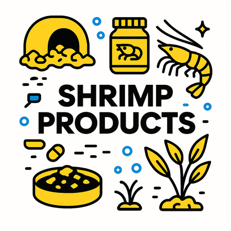 Illustration of shrimp products including food, habitat, and shrimp, ideal for aquarists.