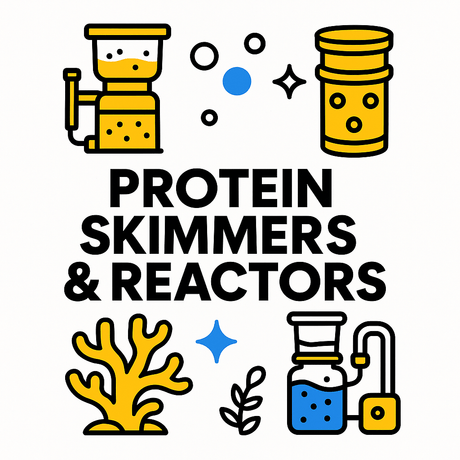Colorful illustration of protein skimmers and reactors for marine aquariums with text label.