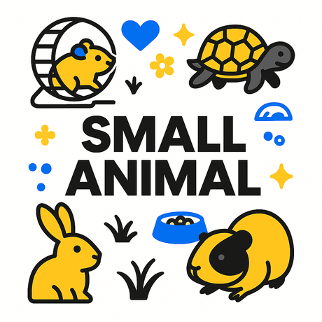 Colorful illustration of small animals including a hamster, turtle, rabbit, and guinea pig with the text 'Small Animal'.