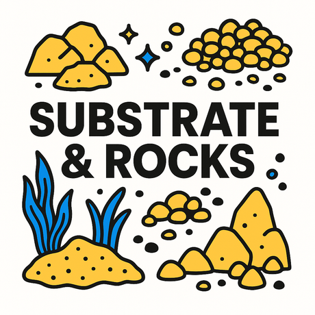 Colorful illustration of aquarium substrate and rocks with text 'Substrate & Rocks' for aquatic habitats.