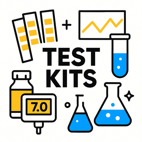 Colorful illustration of test kits for measuring aquarium and pond water quality with bottles, test strips, and beakers.