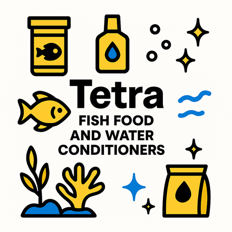 Illustration of Tetra fish food and water conditioners with fish, plants, and bottles for aquatic care.