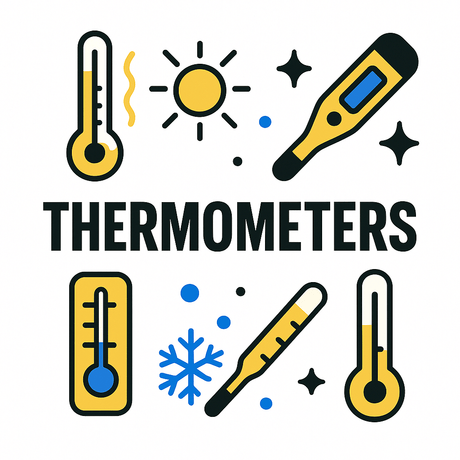 Colorful illustration of various thermometers and symbols for temperature, highlighting their use in different environments.