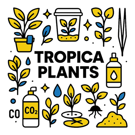 Colorful illustration of Tropica Plants with water droplets and gardening tools, emphasizing healthy aquatic plants.