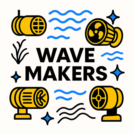 Illustration of wave makers for aquariums, featuring devices creating water movement and ocean currents.
