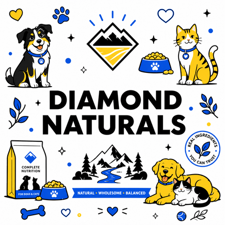 Illustration featuring pets and the logo for Diamond Naturals, showcasing complete nutrition for dogs and cats.