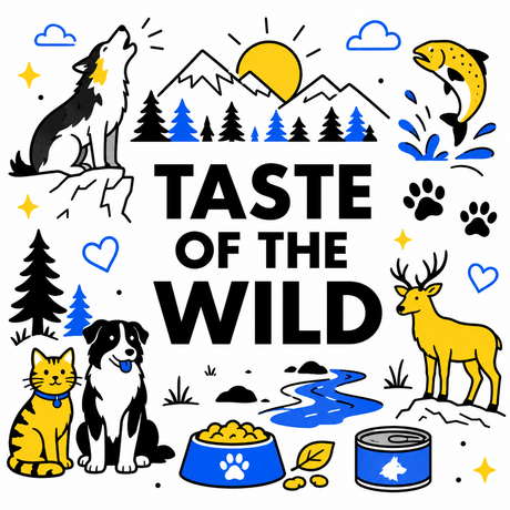 Playful illustration featuring pets and nature elements, showcasing the brand Taste of the Wild.