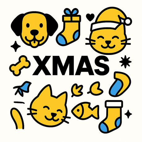 Colorful dog and cat illustrations with Christmas elements, including the focus keyword: Xmas.