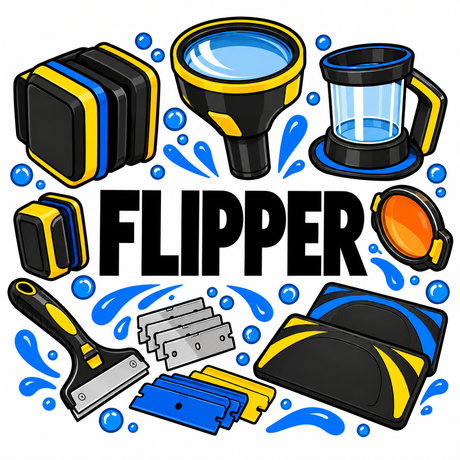 Flipper aquarium cleaning and viewing accessories collection illustration