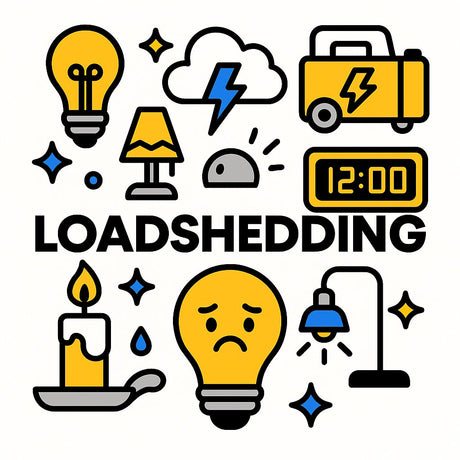 Colorful illustration depicting loadshedding icons like light bulbs, candles, and a clock showing 12:00.