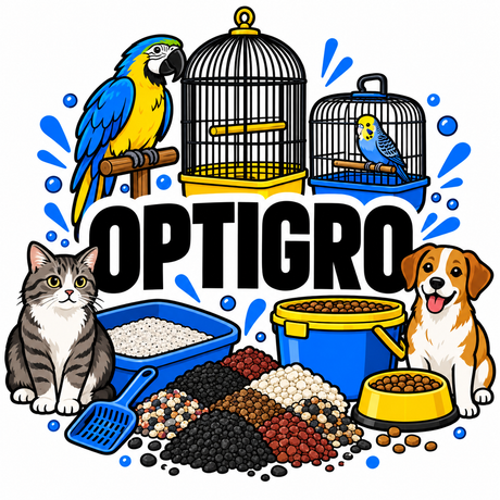 OptiGro pet and aquarium supplies collection illustration
