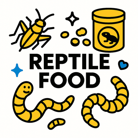 Colorful illustration of reptile food including crickets, mealworms, and a food container.