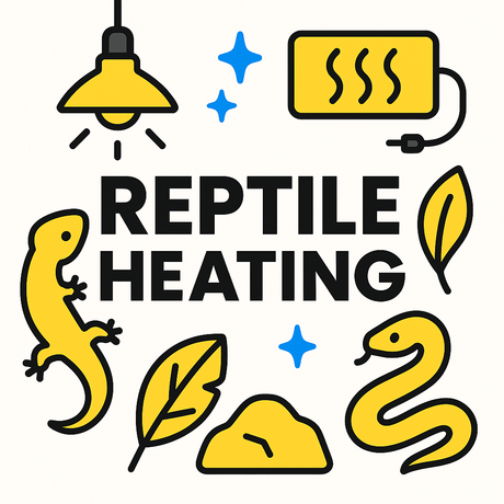 Graphic showing reptile heating essentials: heat lamp, heating pad, and reptiles like lizards and snakes.