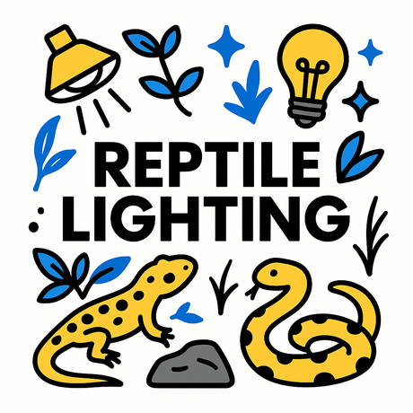 Colorful illustration of reptile lighting features with a lizard, snake, and light bulbs for reptile habitats.