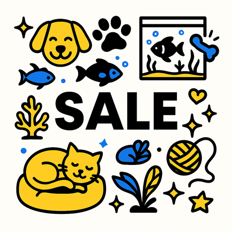 Colorful illustration of pets and aquarium items with the word SALE, promoting discounted pet and aquarium products.