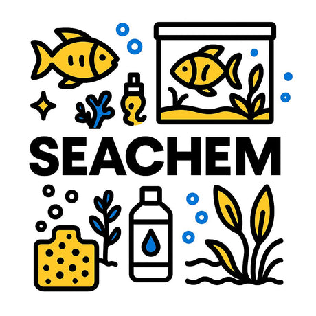 Illustration of Seachem aquarium products featuring fish, water, and plants for aquarium care.