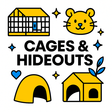 Colorful illustration featuring small animal cages, hideouts, and a cute animal, labeled 'Cages & Hideouts'.