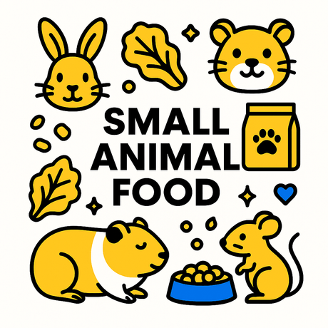 Colorful illustration of small animal food, featuring rabbits, guinea pigs, and mice with nutrition symbols.