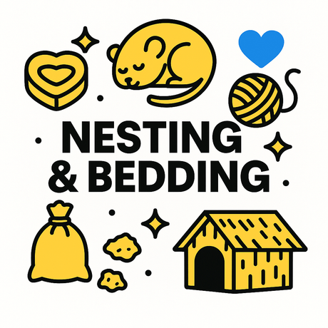 Graphic showcasing nesting and bedding supplies for small animals like hamsters and guinea pigs, featuring various icons.