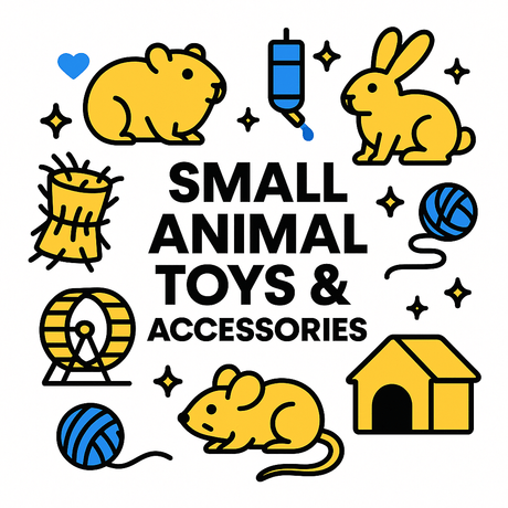 Colorful design featuring small animal toys and accessories for pets like rabbits and guinea pigs.
