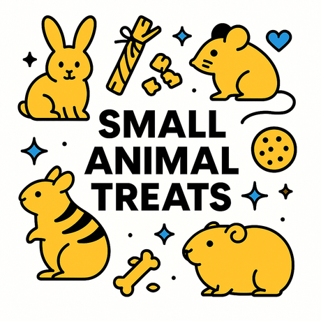 Colorful illustration of small animals and snacks, highlighting small animal treats for pets like hamsters and rabbits.