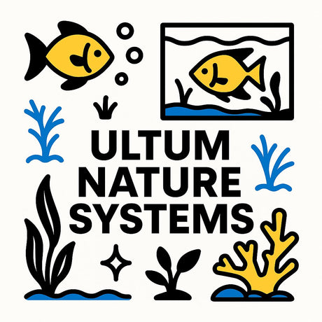 Colorful illustration of fish and aquatic plants representing Ultum Nature Systems aquarium products.