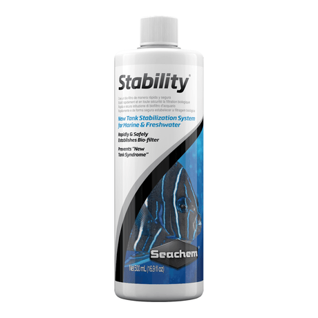 Seachem Stability 500ml bottle for biological filter starter to prevent new tank syndrome in aquariums.