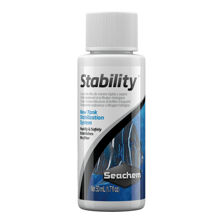 Seachem Stability 50ml biological filter starter for aquariums, rapidly establishes beneficial bacteria.