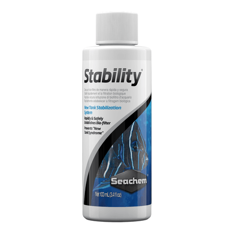 Seachem Stability 100ml bottle for fast-acting biological filter starter in aquariums, helps prevent new tank syndrome.