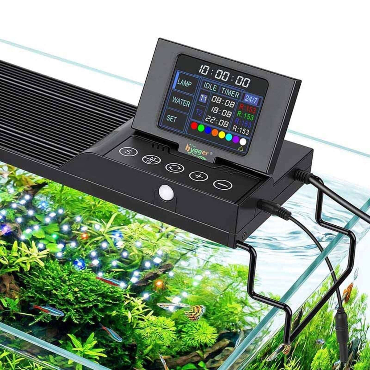 Hygger Aqua Sense Aquarium LED Light with TFT display and sensor probe for freshwater tanks.