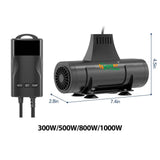 Hygger 2 in 1 Aquarium Heater with Wave Maker dimensions and control panel features for aquarium use.