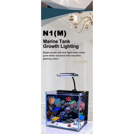 Zetlight N1 Marine LED Light enhances aquarium colors with bright purple and blue lights for corals.