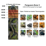 Zetlight Reptile Lamp U1 9W UVA and UVB with Ferguson Zone 3 guide for UV exposure and various reptiles.